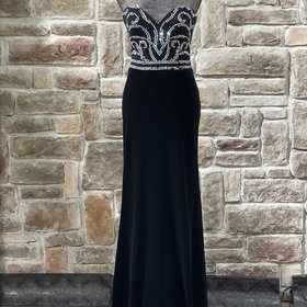 Madison James Black AB Embellished Velvet Strapless Gown, Size 8