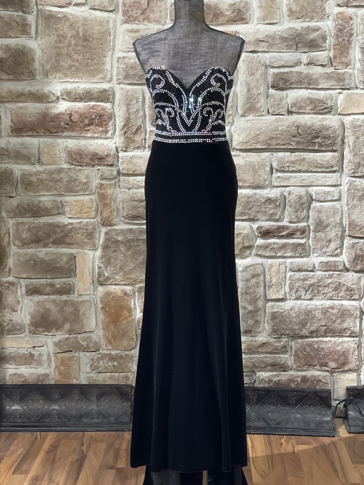 Madison James Black AB Embellished Velvet Strapless Gown, Size 8