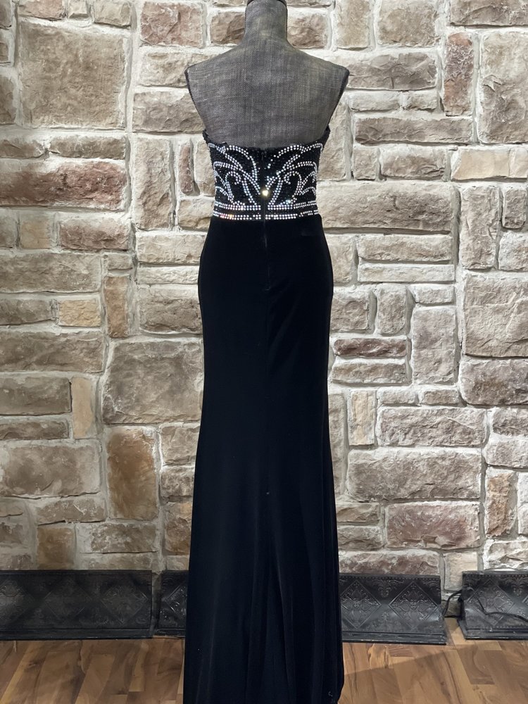 Madison James Black AB Embellished Velvet Strapless Gown, Size 8