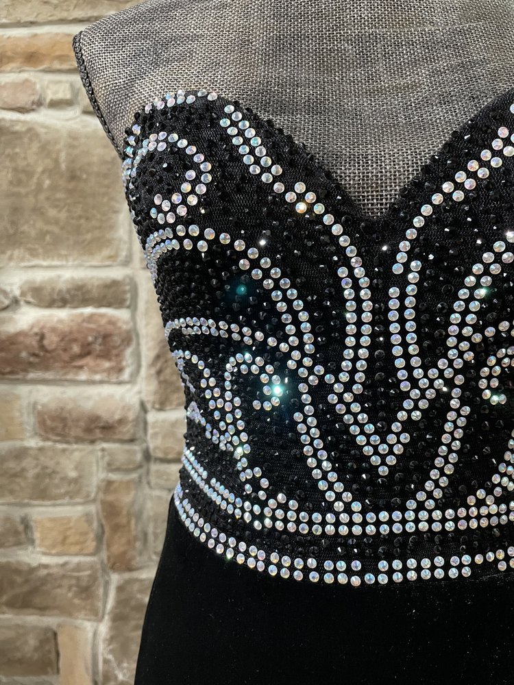 Madison James Black AB Embellished Velvet Strapless Gown, Size 8