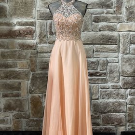 Splash Pastel Orange Rhinestone Net Halter Gown, Size 4