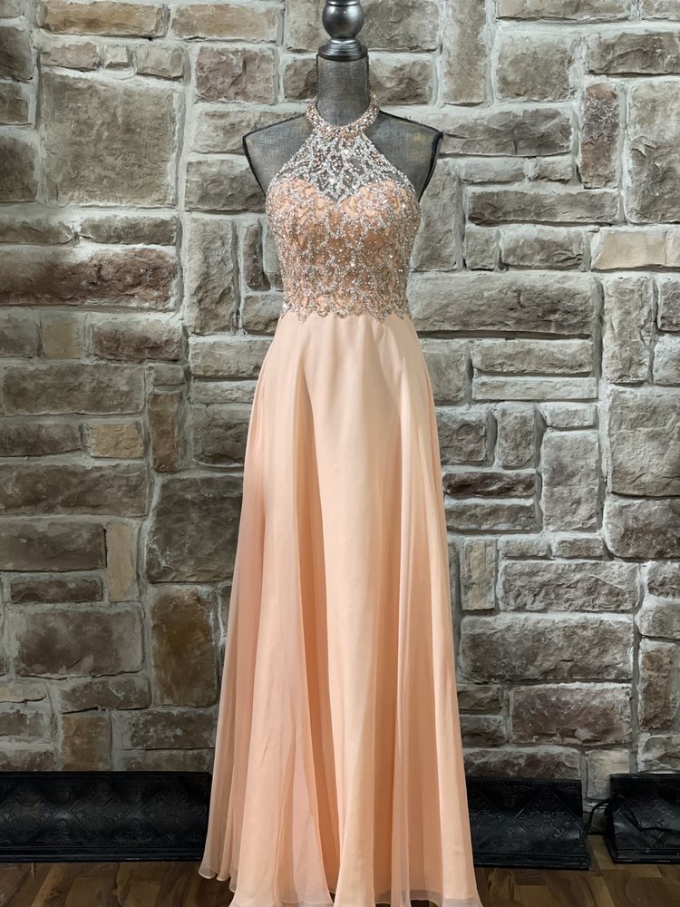 Splash Pastel Orange Rhinestone Net Halter Gown, Size 4