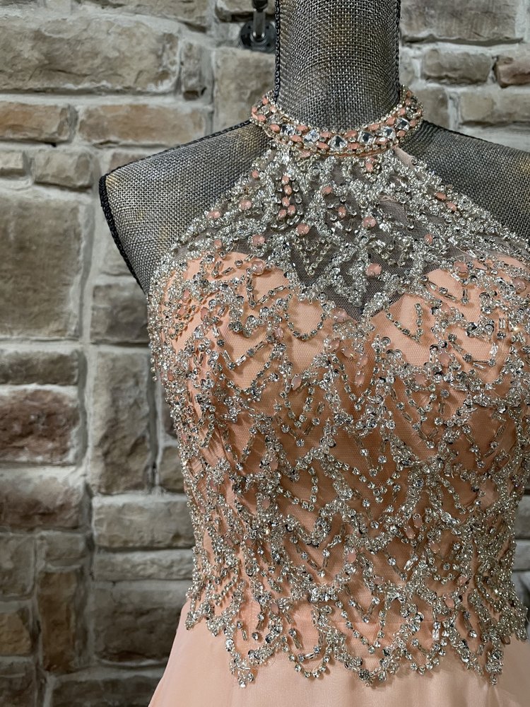 Splash Pastel Orange Rhinestone Net Halter Gown, Size 4