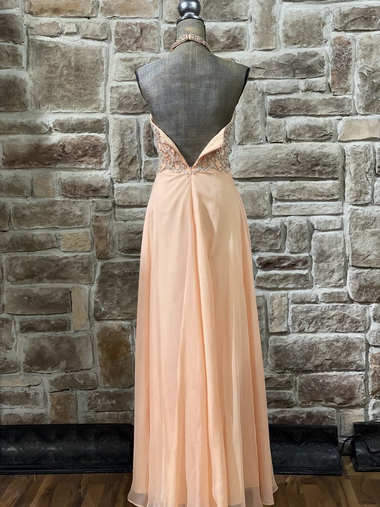 Splash Pastel Orange Rhinestone Net Halter Gown, Size 4