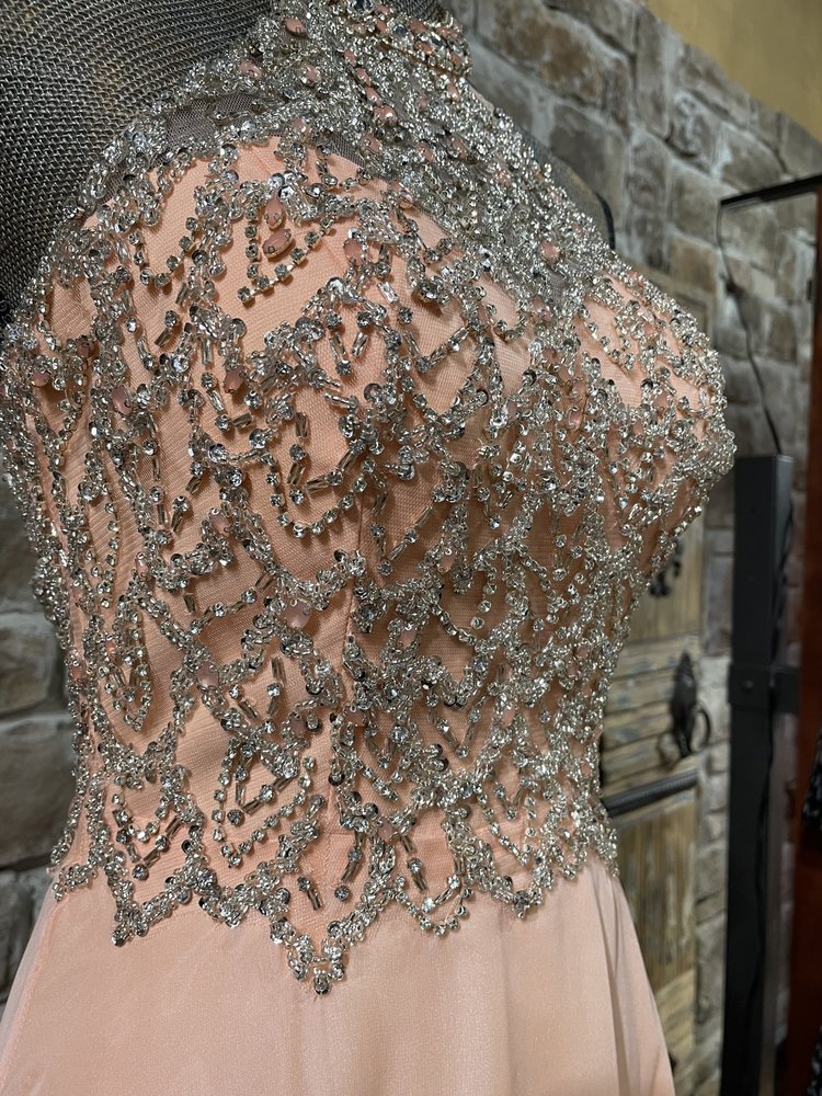 Splash Pastel Orange Rhinestone Net Halter Gown, Size 4