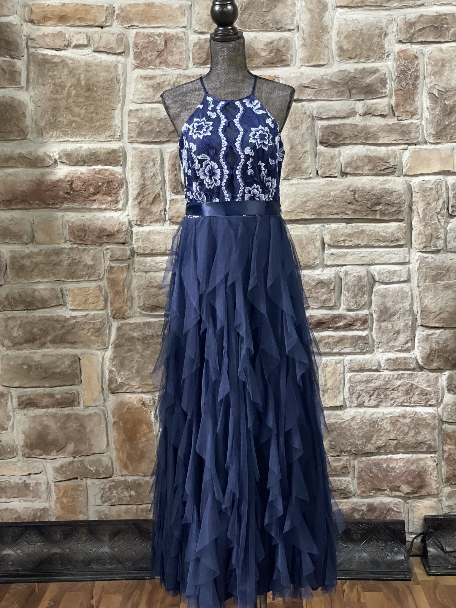 Navy Floral Embroidered Mesh Halter Gown