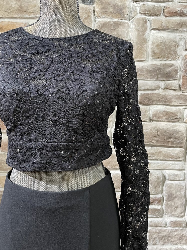 B Darlin Black Sequin  Lace Open Back Two-Piece Gown, Size 13/14