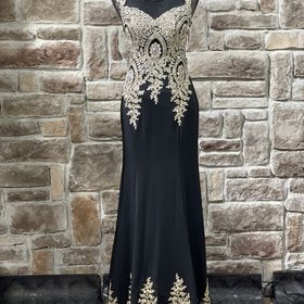 Romance Couture by A.Kaheel Black and Gold Mesh Embroidered Full Train Gown, Size 4