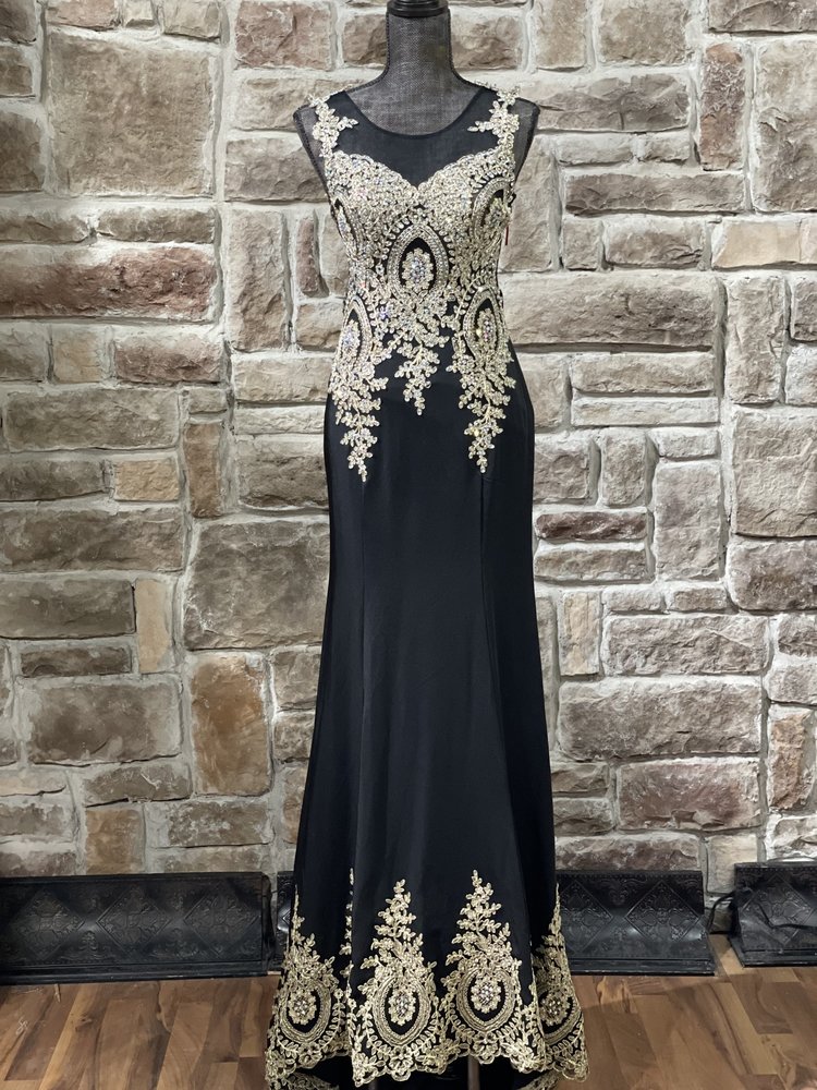 Romance Couture by A.Kaheel Black and Gold Mesh Embroidered Full Train Gown, Size 4