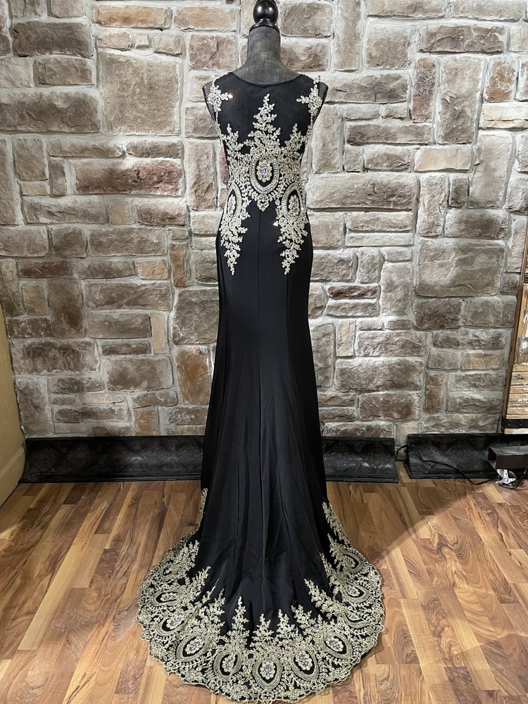 Romance Couture by A.Kaheel Black and Gold Mesh Embroidered Full Train Gown, Size 4