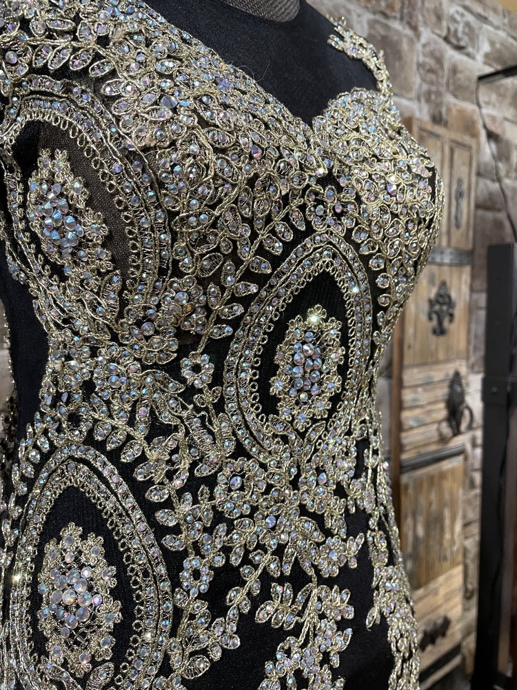 Romance Couture by A.Kaheel Black and Gold Mesh Embroidered Full Train Gown, Size 4