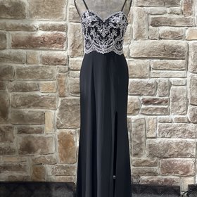 Blondie Nites Black Silver Embroidered Side Slit Gown