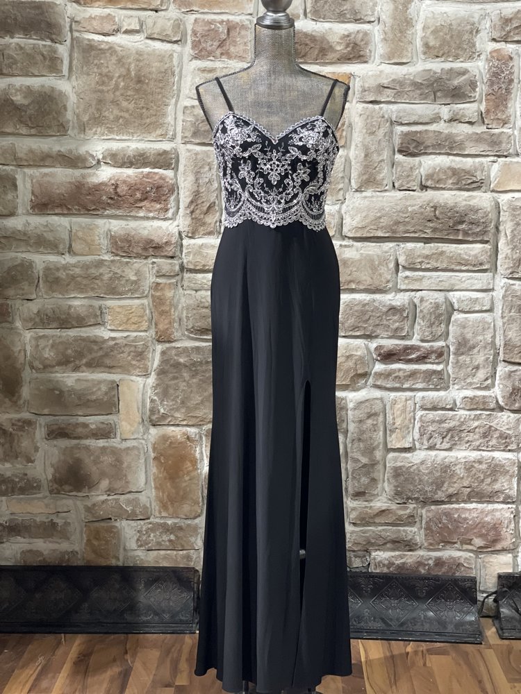 Blondie Nites Black Silver Embroidered Side Slit Gown