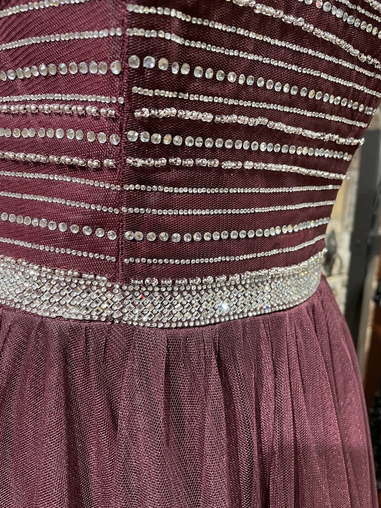 City Studio Maroon Rhinestone Embellished Tulle Gown, Size 7/8
