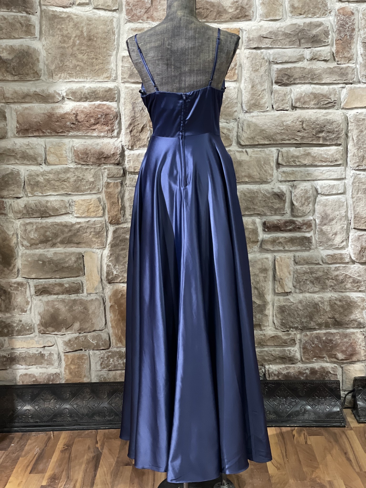 Navy Stretch Satin Faux Wrap Strapless Gown - Elements Unleashed