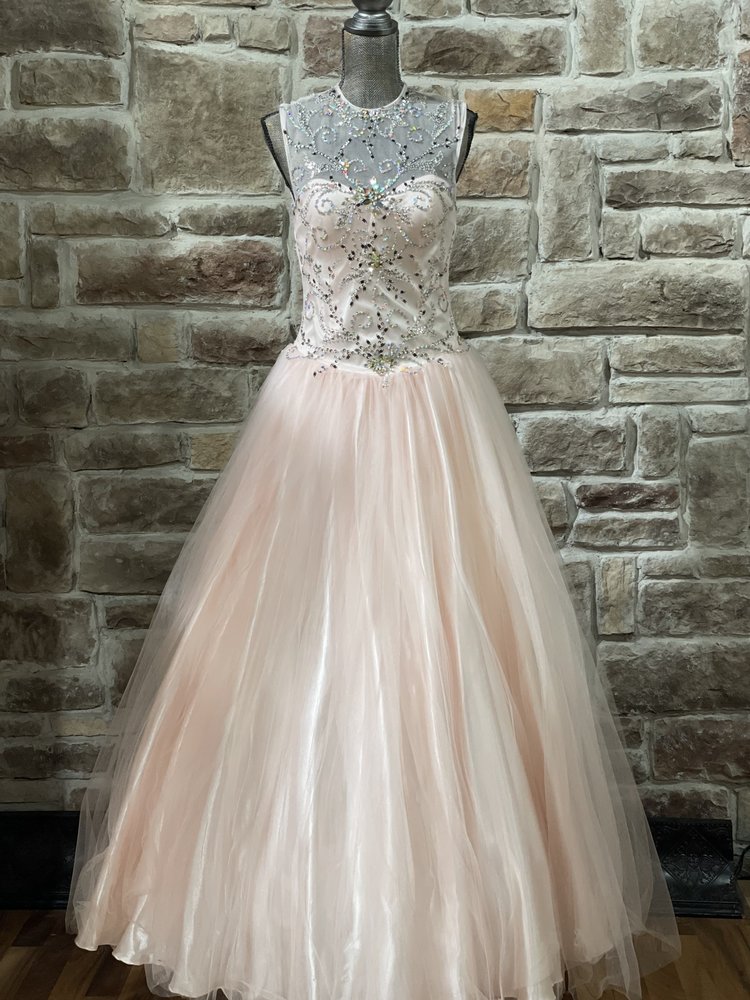 Mac Duggal Pink High Neck Mesh Embroidered Ball Gown, Size 10