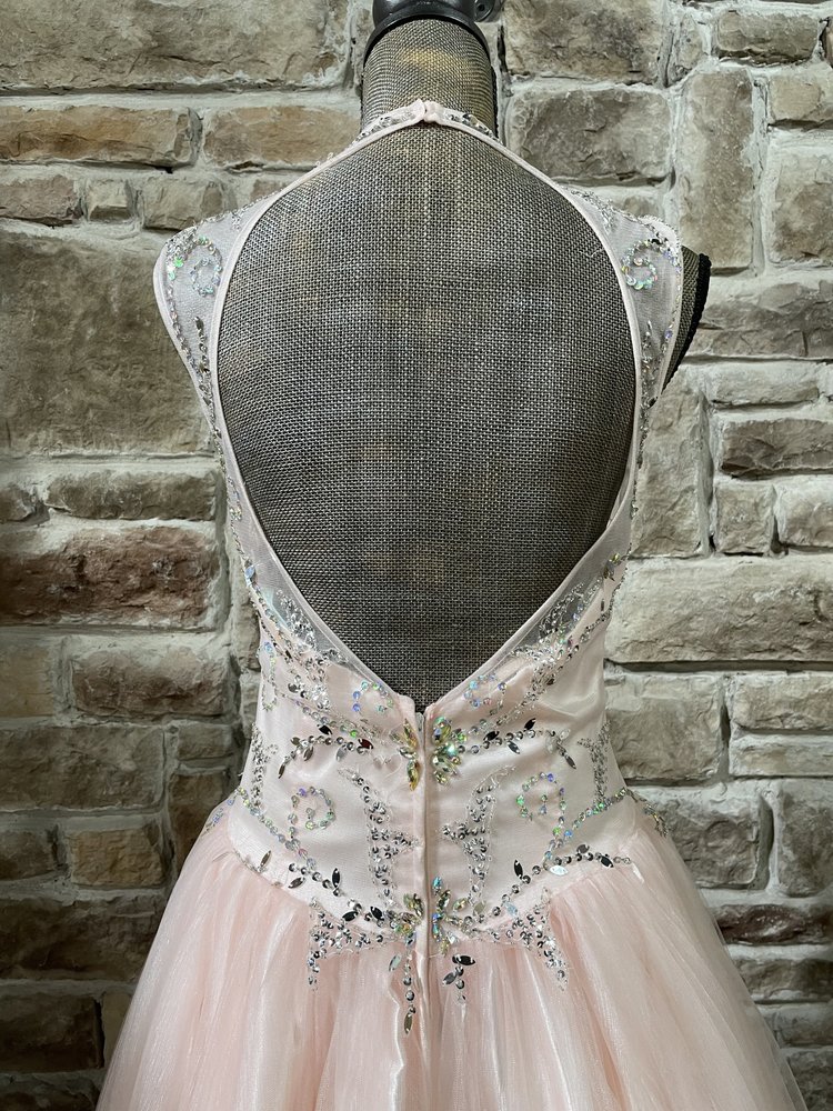 Mac Duggal Pink High Neck Mesh Embroidered Ball Gown, Size 10