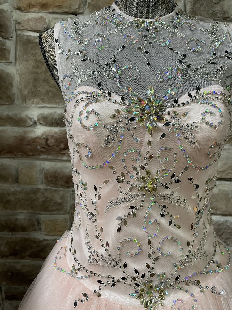 Mac Duggal Pink High Neck Mesh Embroidered Ball Gown, Size 10