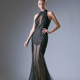 Cinderella Divine Black Beaded Illusion Halter Mermaid Gown