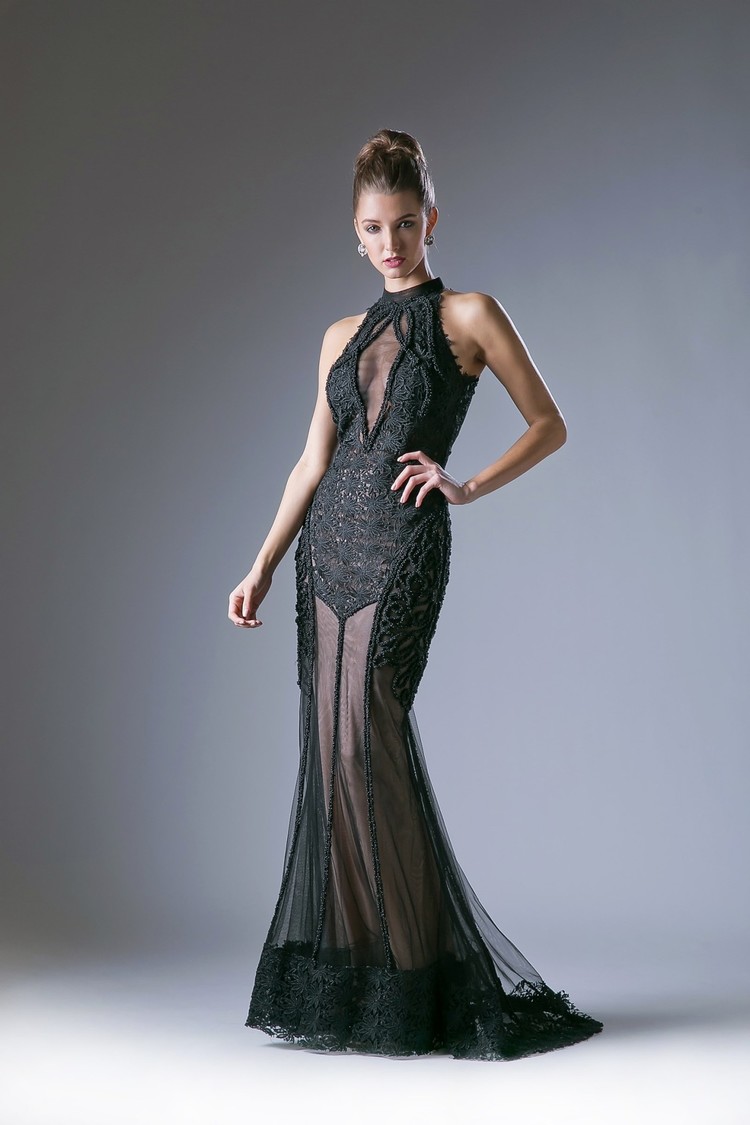 Cinderella Divine Black Beaded Illusion Halter Mermaid Gown