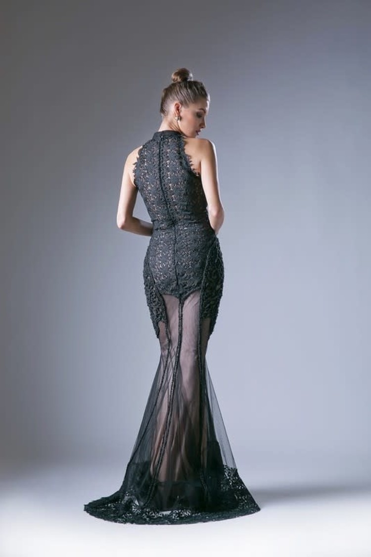 Cinderella Divine Black Beaded Illusion Halter Mermaid Gown