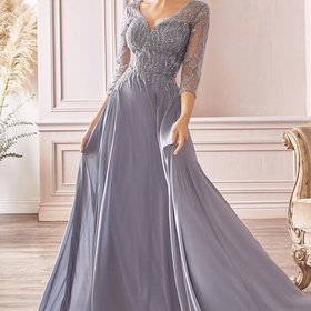 Cinderella Divine Blue Gray Embellished Mesh Bodice and Sleeve Gown, Size 2XL