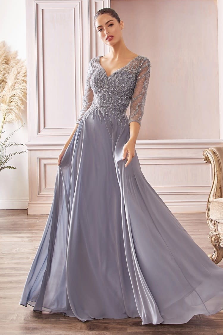 Cinderella Divine Blue Gray Embellished Mesh Bodice and Sleeve Gown, Size 2XL