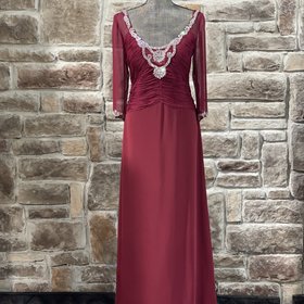 Montage Red Mesh Sleeve Embellished Edge Silk Gown, Size 12