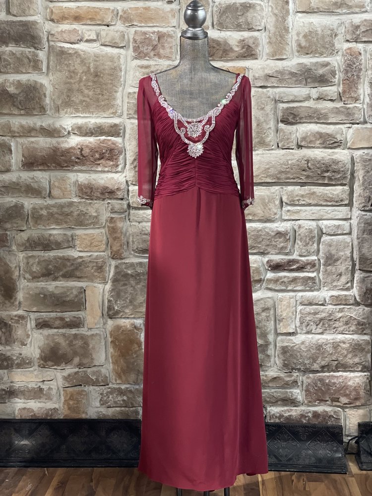 Montage Red Mesh Sleeve Embellished Edge Silk Gown, Size 12