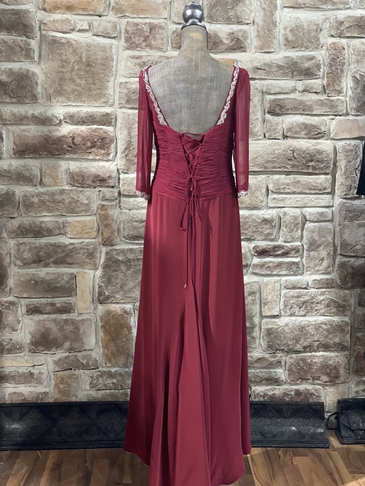 Montage Red Mesh Sleeve Embellished Edge Silk Gown, Size 12