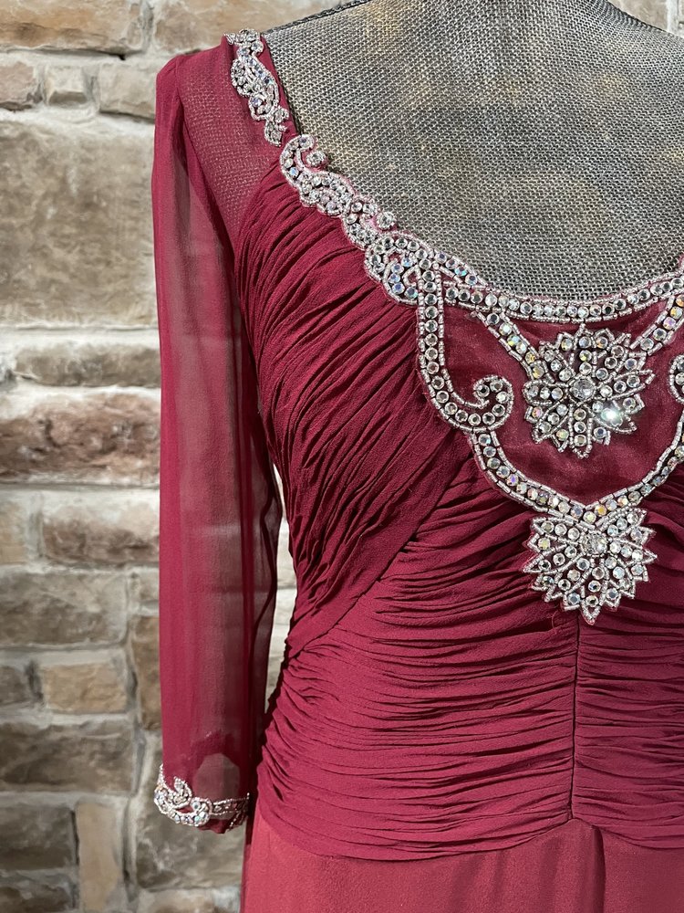 Montage Red Mesh Sleeve Embellished Edge Silk Gown, Size 12