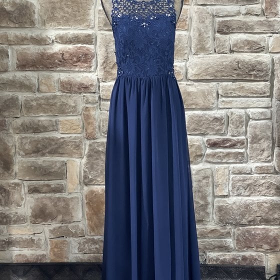 Navy Stretch Satin Faux Wrap Strapless Gown - Elements Unleashed