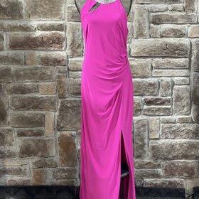 Royalty New York Hot Pink Rhinestone Collar Jersey Knit Gown, Size XL