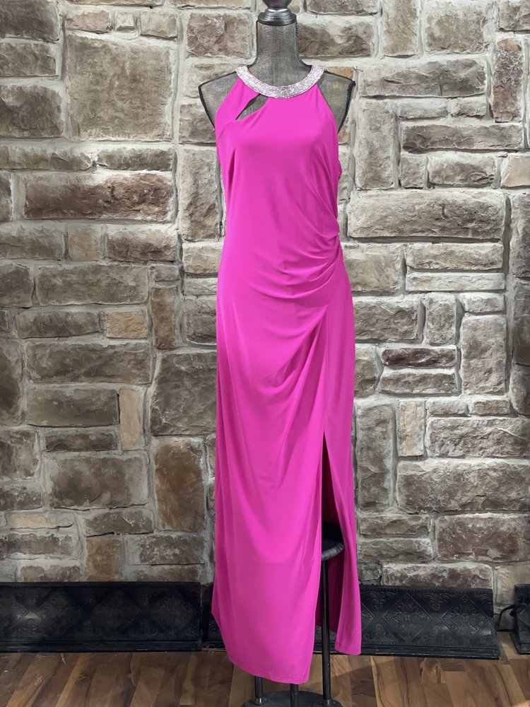 Royalty New York Hot Pink Rhinestone Collar Jersey Knit Gown, Size XL