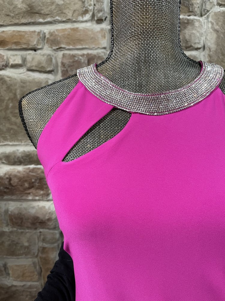 Royalty New York Hot Pink Rhinestone Collar Jersey Knit Gown, Size XL