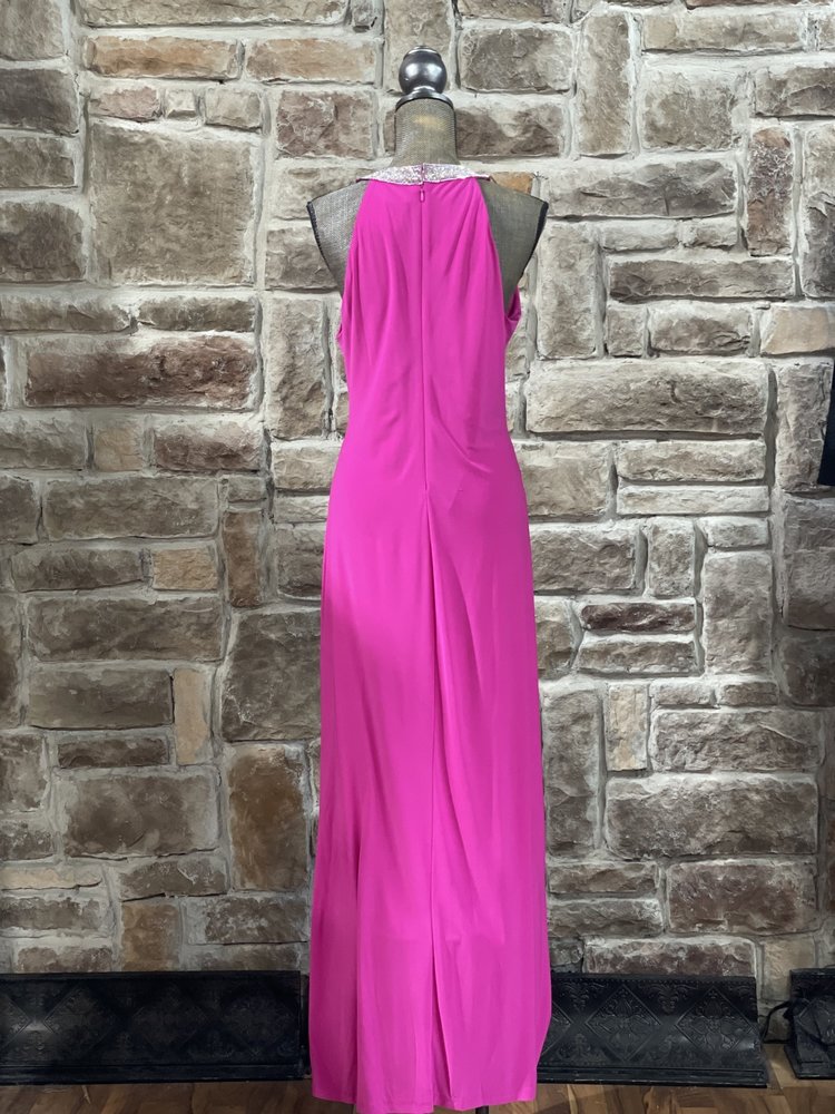 Royalty New York Hot Pink Rhinestone Collar Jersey Knit Gown, Size XL