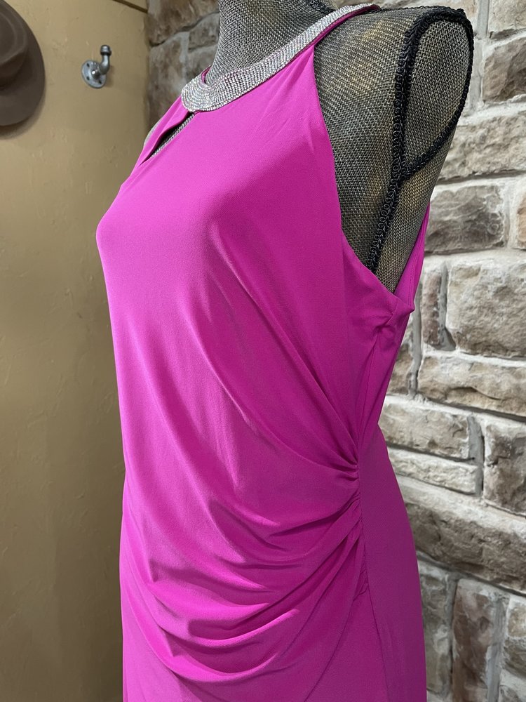 Royalty New York Hot Pink Rhinestone Collar Jersey Knit Gown, Size XL