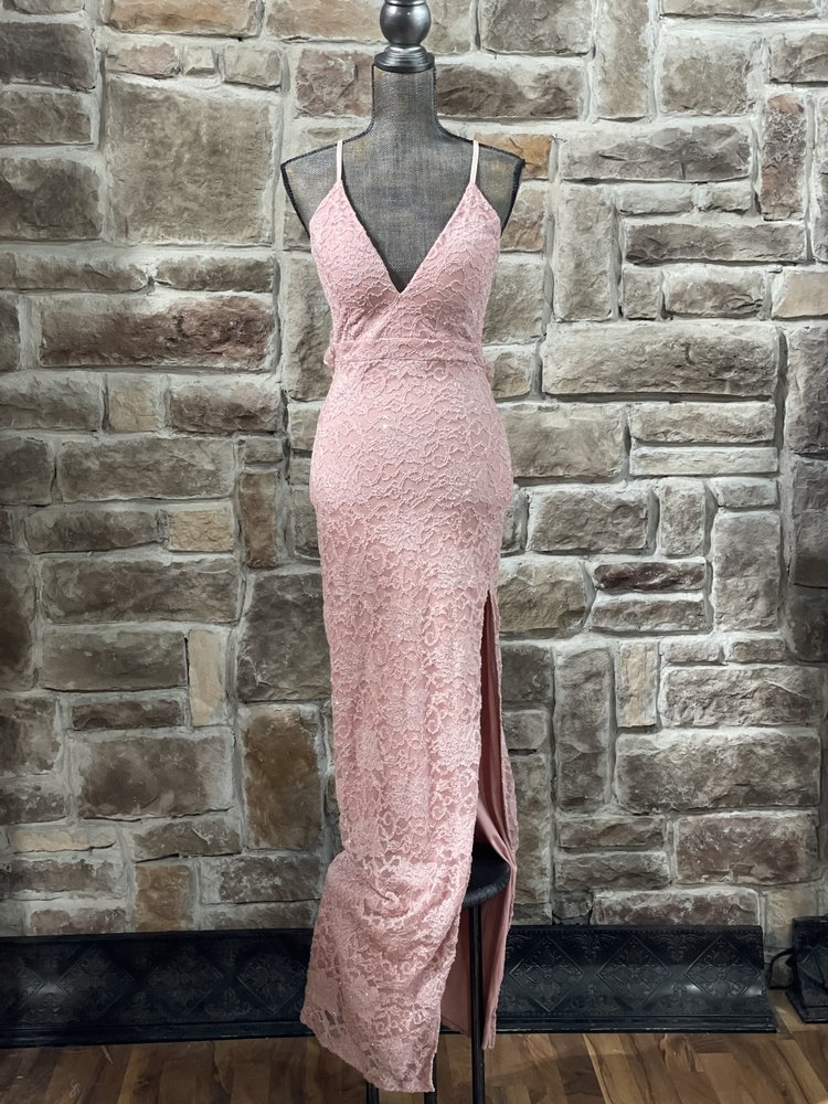 Emerald Sundae Pink Glitter Lace Zipper Back Gown