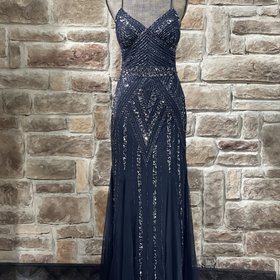 Marina Navy Fully Embellished Tulle Bottom Gown, Size 10
