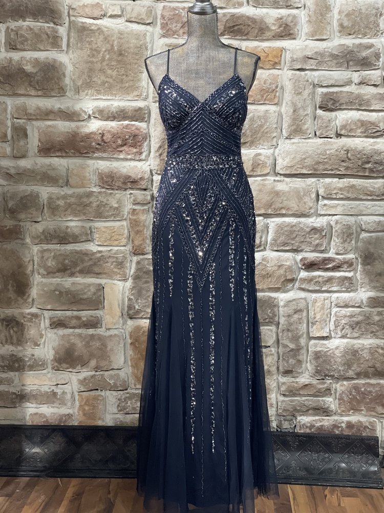 Marina Navy Fully Embellished Tulle Bottom Gown, Size 10