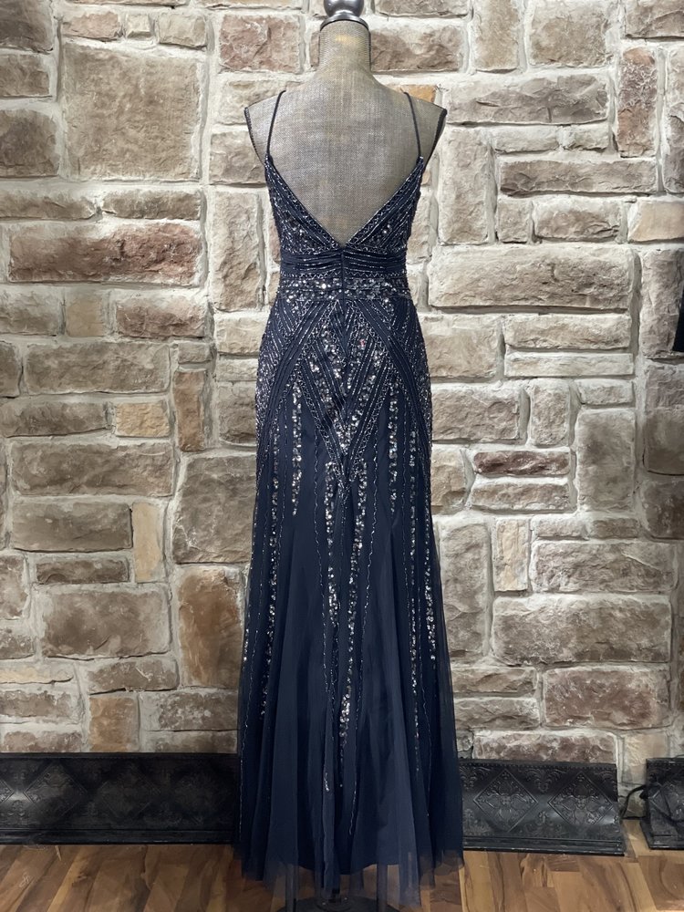 Marina Navy Fully Embellished Tulle Bottom Gown, Size 10