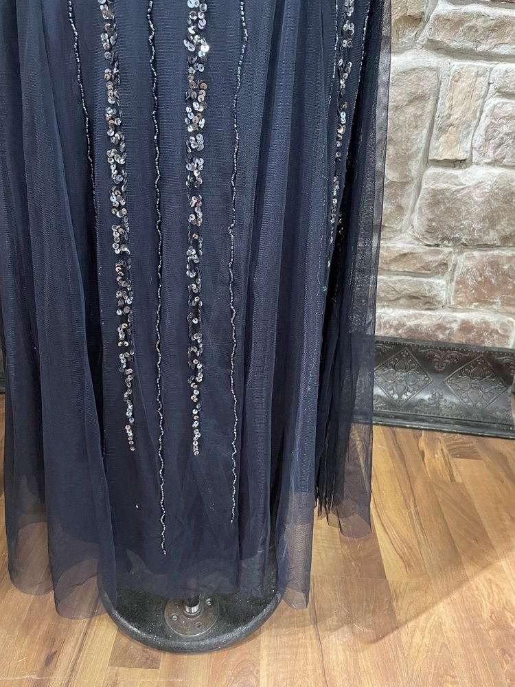 Marina Navy Fully Embellished Tulle Bottom Gown, Size 10