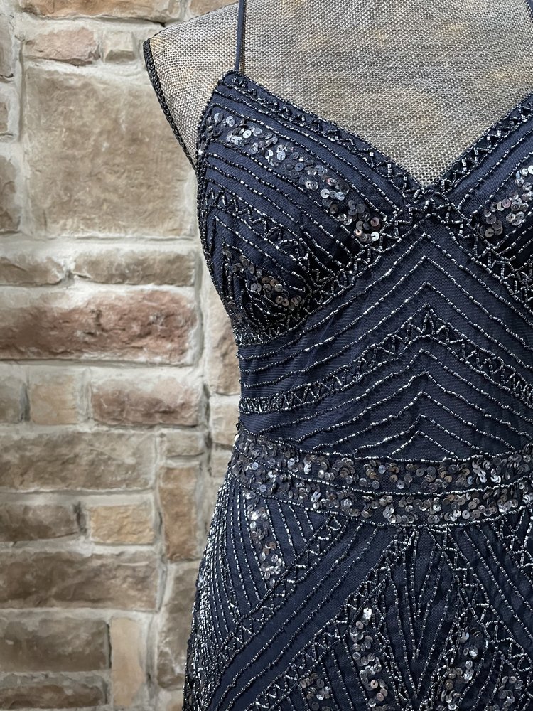 Marina Navy Fully Embellished Tulle Bottom Gown, Size 10