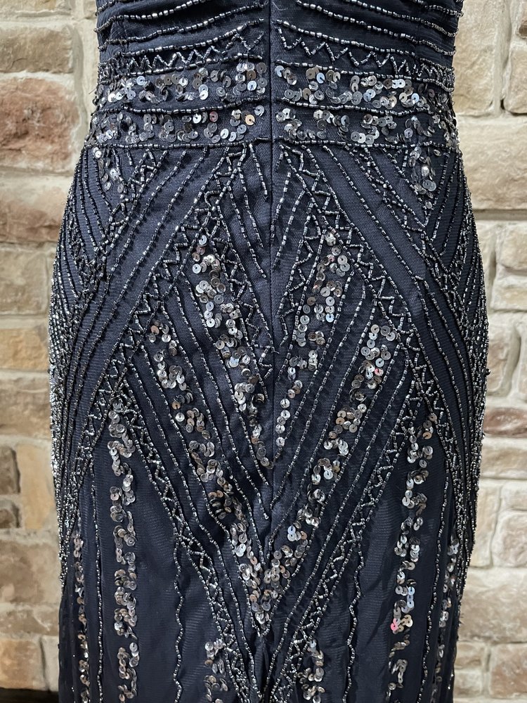 Marina Navy Fully Embellished Tulle Bottom Gown, Size 10