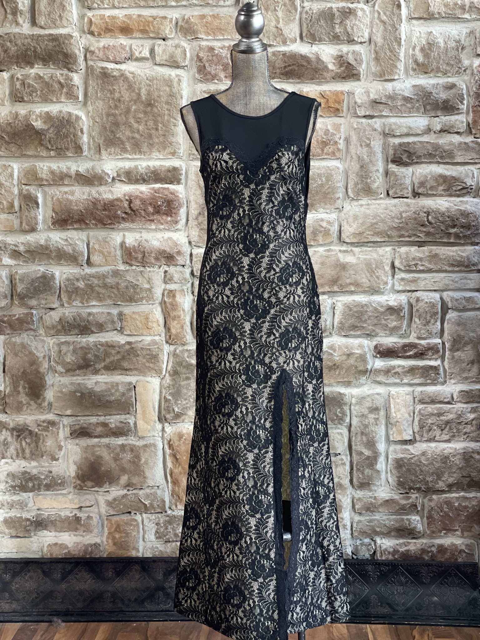 Black and Nude Lace Mesh Back Gown, Size L Black and Nude Lace Mesh Back Gown, Size L