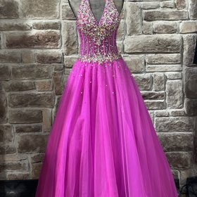 Tiffany Designs Hot Pink Embellished Corset Halter Tulle Gown, Size 3/4