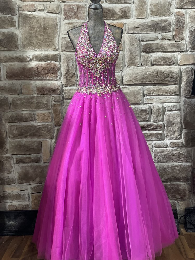 Tiffany Designs Hot Pink Embellished Corset Halter Tulle Gown, Size 3/4