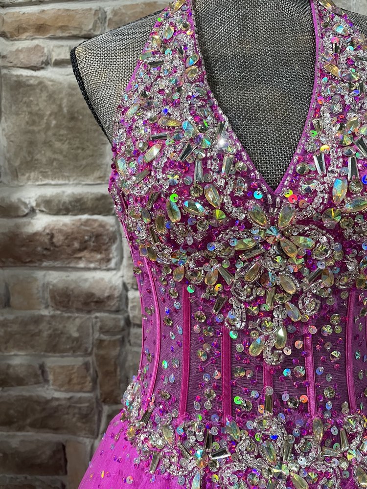 Tiffany Designs Hot Pink Embellished Corset Halter Tulle Gown, Size 3/4