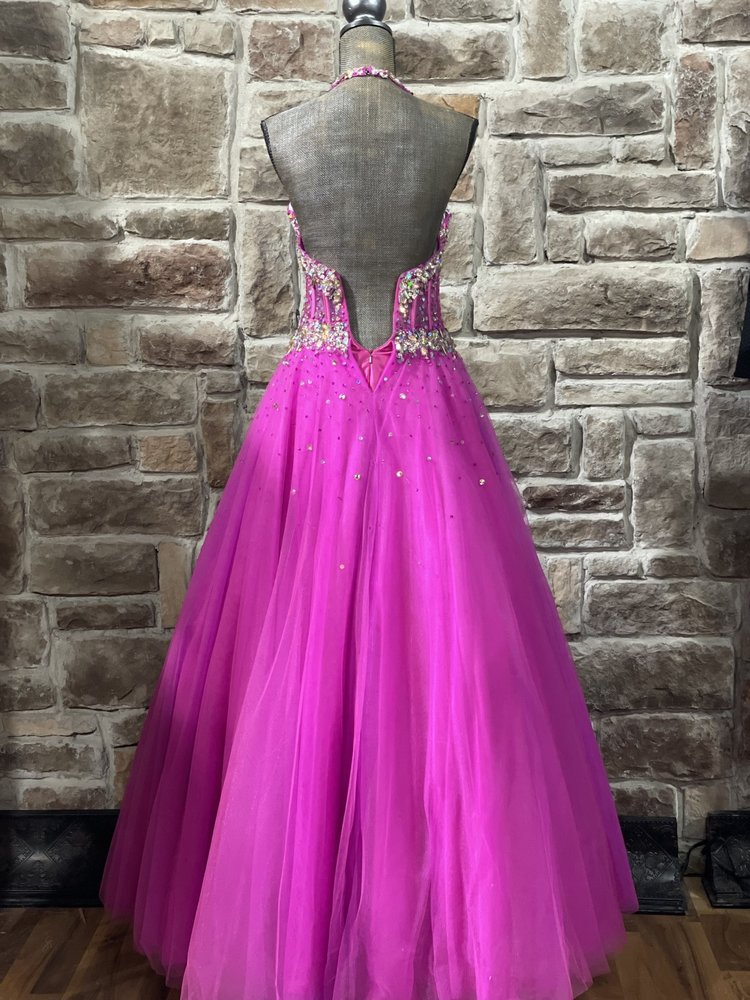 Tiffany Designs Hot Pink Embellished Corset Halter Tulle Gown, Size 3/4