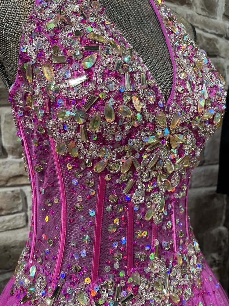 Tiffany Designs Hot Pink Embellished Corset Halter Tulle Gown, Size 3/4